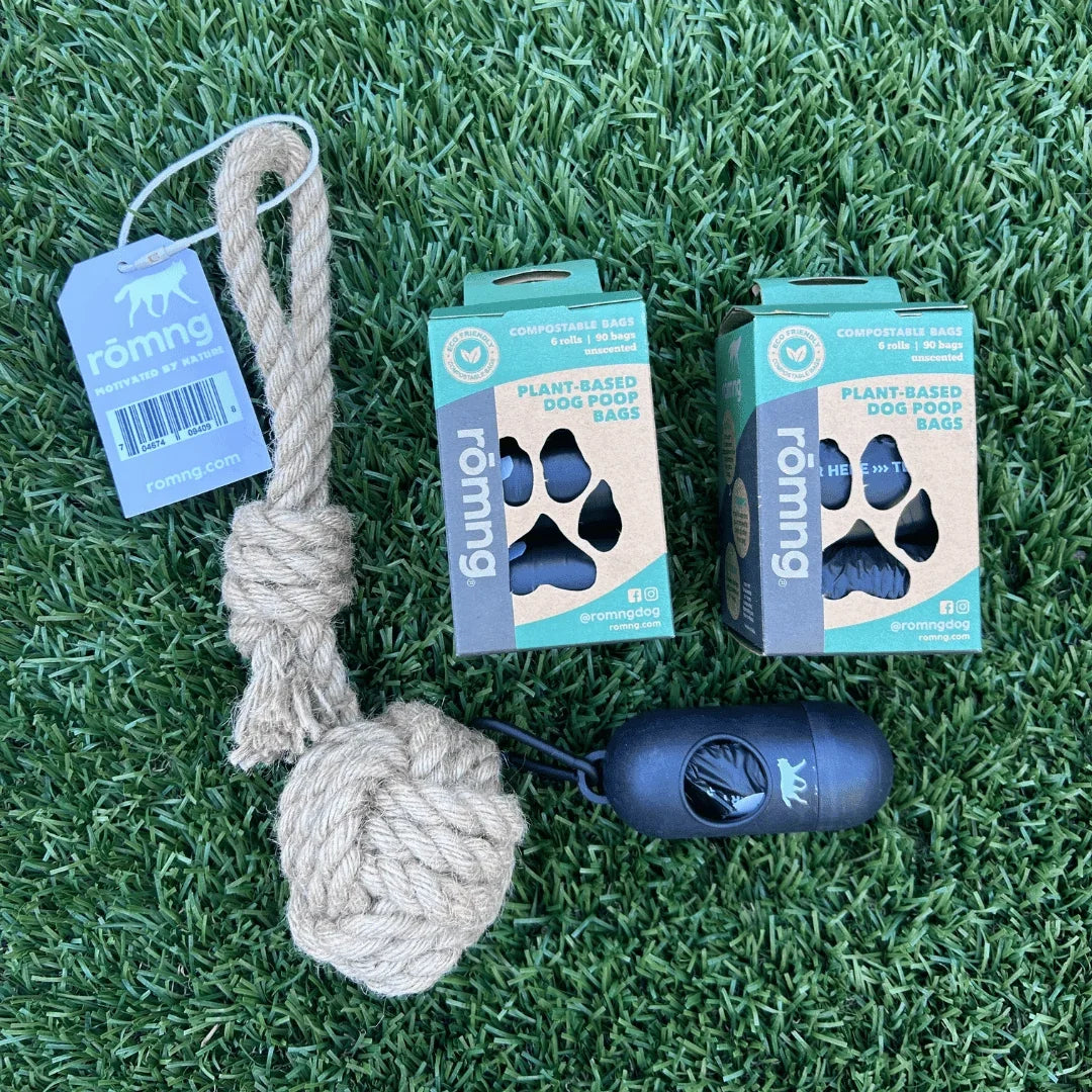 Compostable Poop Bags + Bamboo Dispenser + Hemp Rope Tug Toy Bundle (195 Bags)