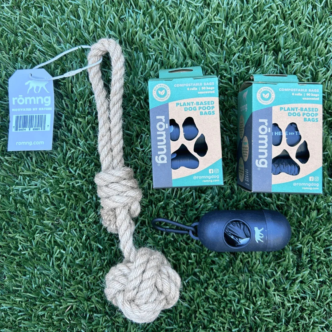 Compostable Poop Bags + Bamboo Dispenser + Hemp Rope Tug Toy Bundle (195 Bags)