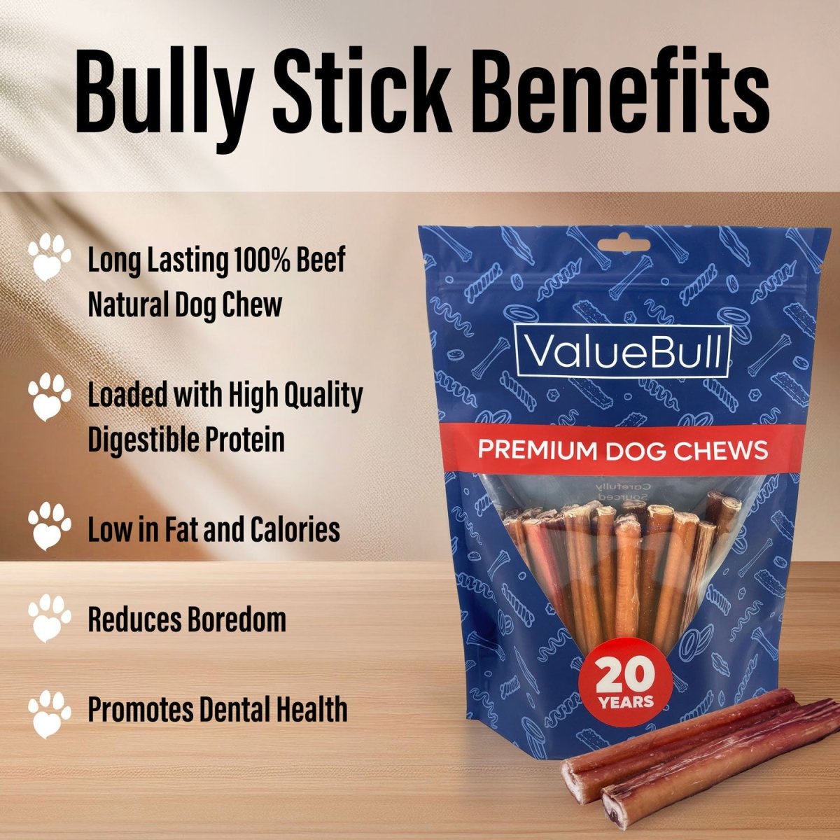 ValueBull Bully Sticks for Large Dogs, Jumbo 6 Inch, 25 Count