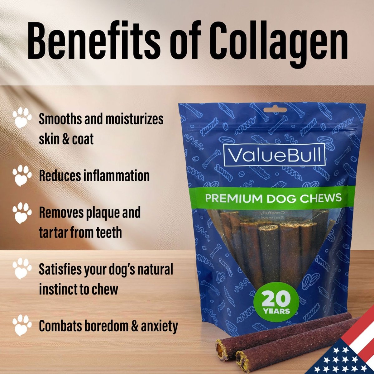 ValueBull USA Collagen Sticks for Small Dogs, 6 Inch Extra Thin Chews, Natural Dog Treats, 10 Count