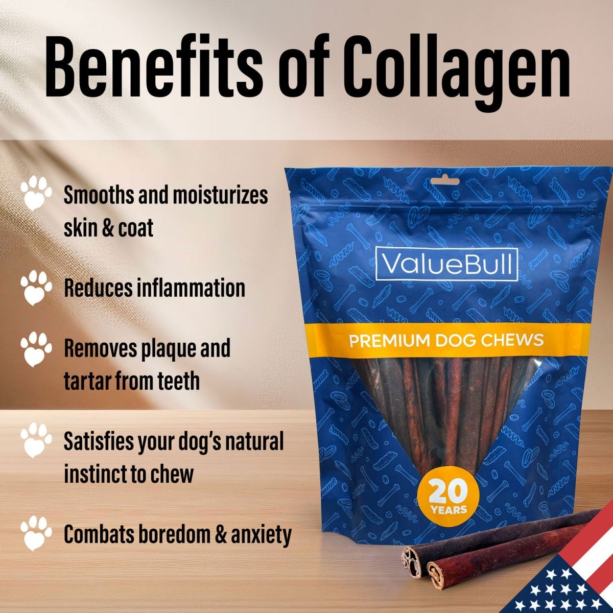 ValueBull USA Collagen Sticks for Dogs, 12 Inch Jumbo Chews, Natural Long-Lasting Dog Treats, 10 Count
