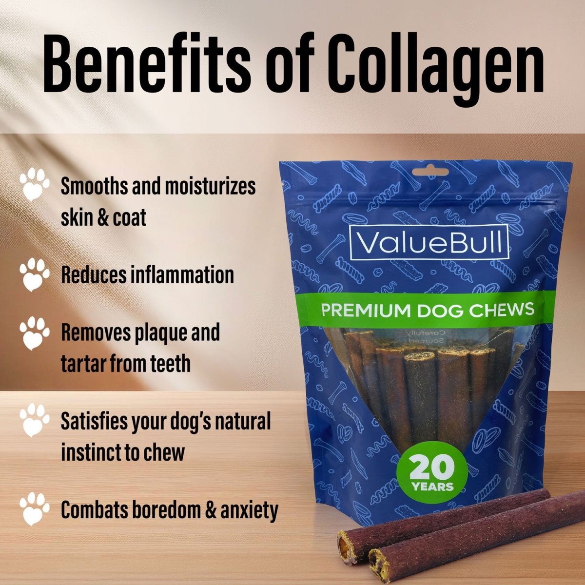 ValueBull Collagen Sticks for Dogs, 6 Inch Medium Chews, Natural Long-Lasting Dog Treats, 25 Count
