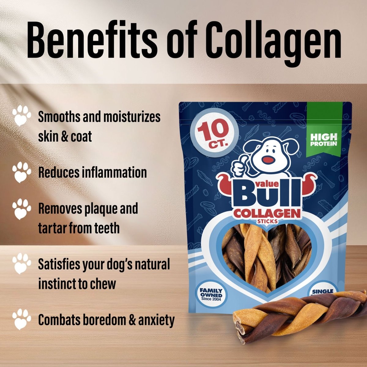 ValueBull Collagen Braided Sticks for Dogs, 6 Inch Thick Chews, Natural Long-Lasting Dog Treats, 10 Count