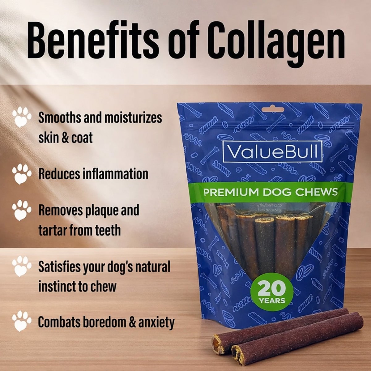 ValueBull Buffalo Collagen Sticks for Dogs, 6 Inch Thick Chews, Natural Long-Lasting Dog Treats, 50 Count
