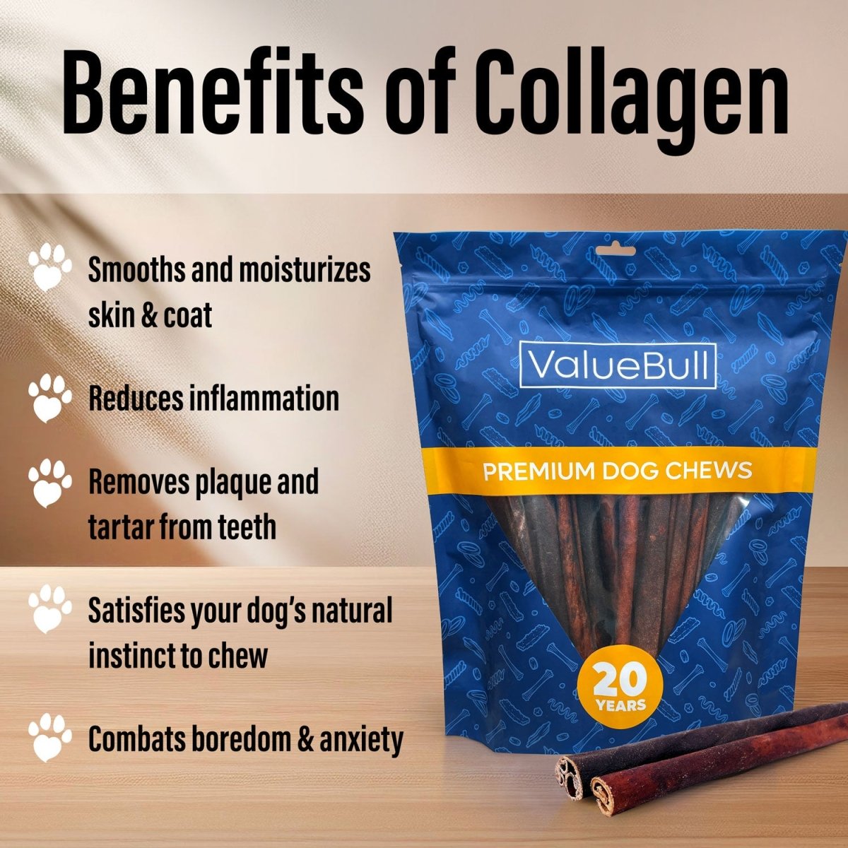 ValueBull Collagen Sticks for Dogs, 12 Inch Thick Chews, Natural Long-Lasting Dog Treats, 10 Count