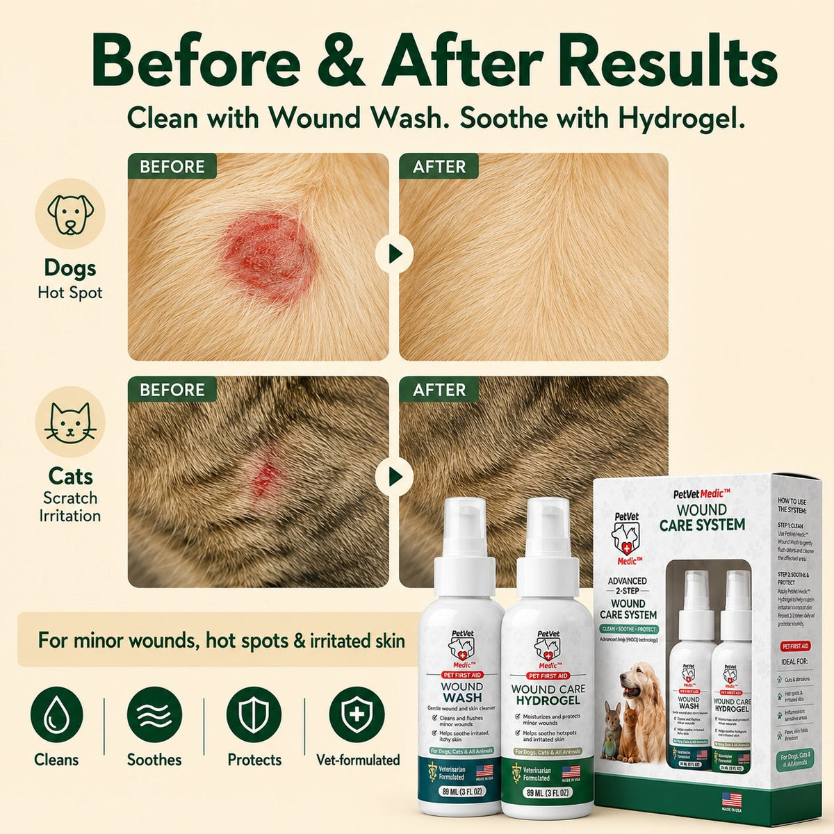 PetVet Medic® 2-Step Wound HOCL Care System for Pets – Wound Wash + Hydrogel